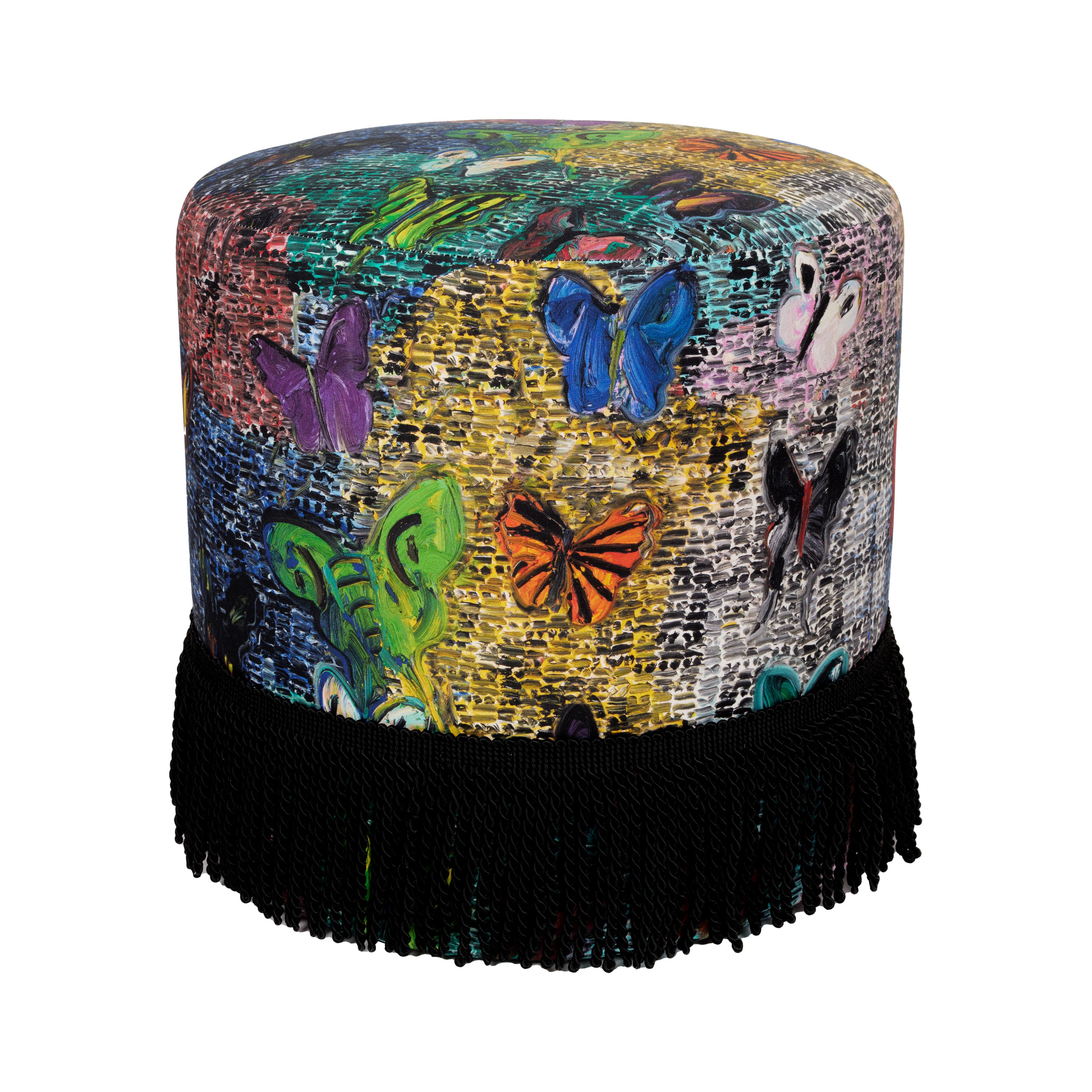 Custom Cylinder Ottoman in Ocelots and Blue Pearls