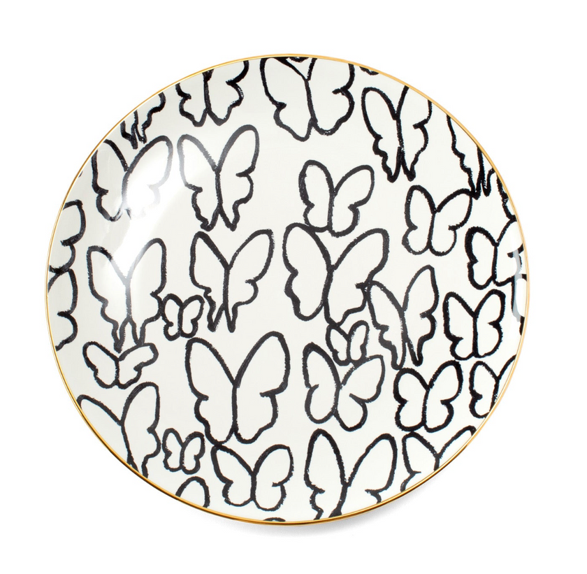 Butterflies Dinner Plate with Hand-Painted Gold Rim, White, Set of 2