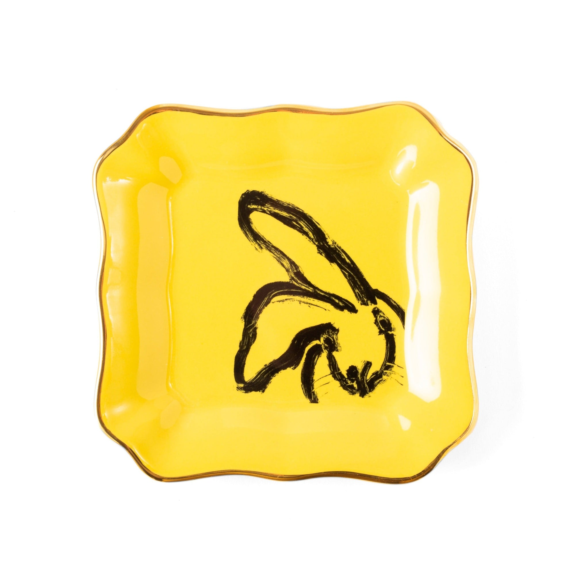 Set of 2 Bunny Portrait Plates - Yellow with Hand-Painted Gold Rim