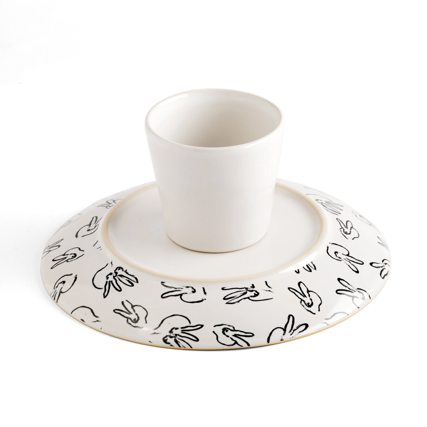 Rabbit Run Footed Dessert Plate with Hand-Painted Gold Rim