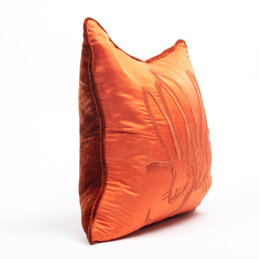 Hand-Embroidered Silk & Velvet Bunny Pillow, Orange, 18 x 18