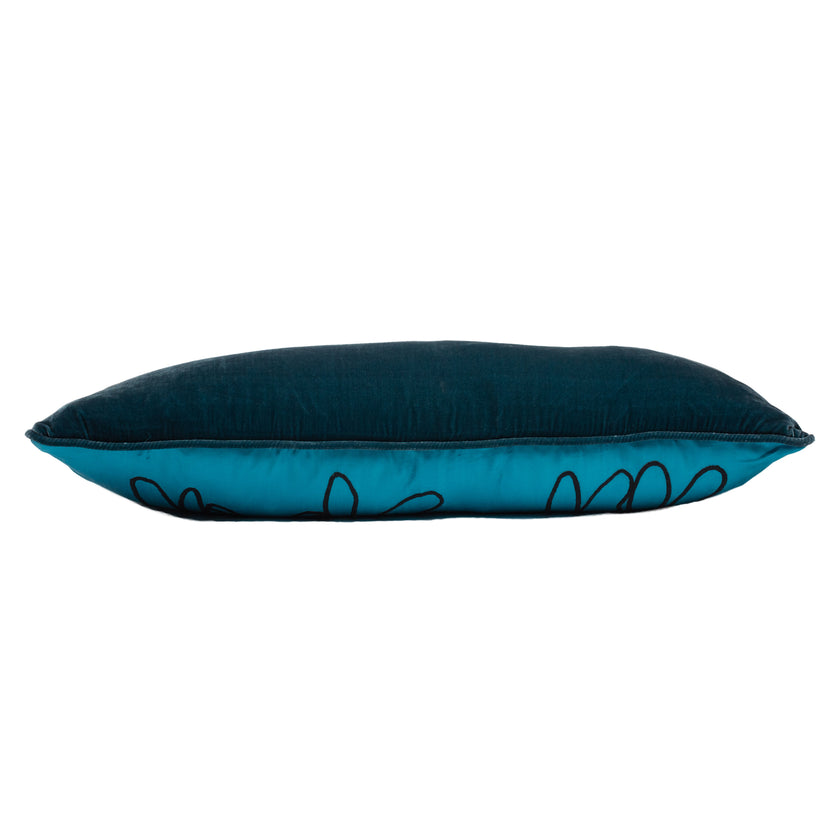 Hand-Embroidered Silk & Velvet Menagerie Pillow, Peacock Blue, 14 x 36