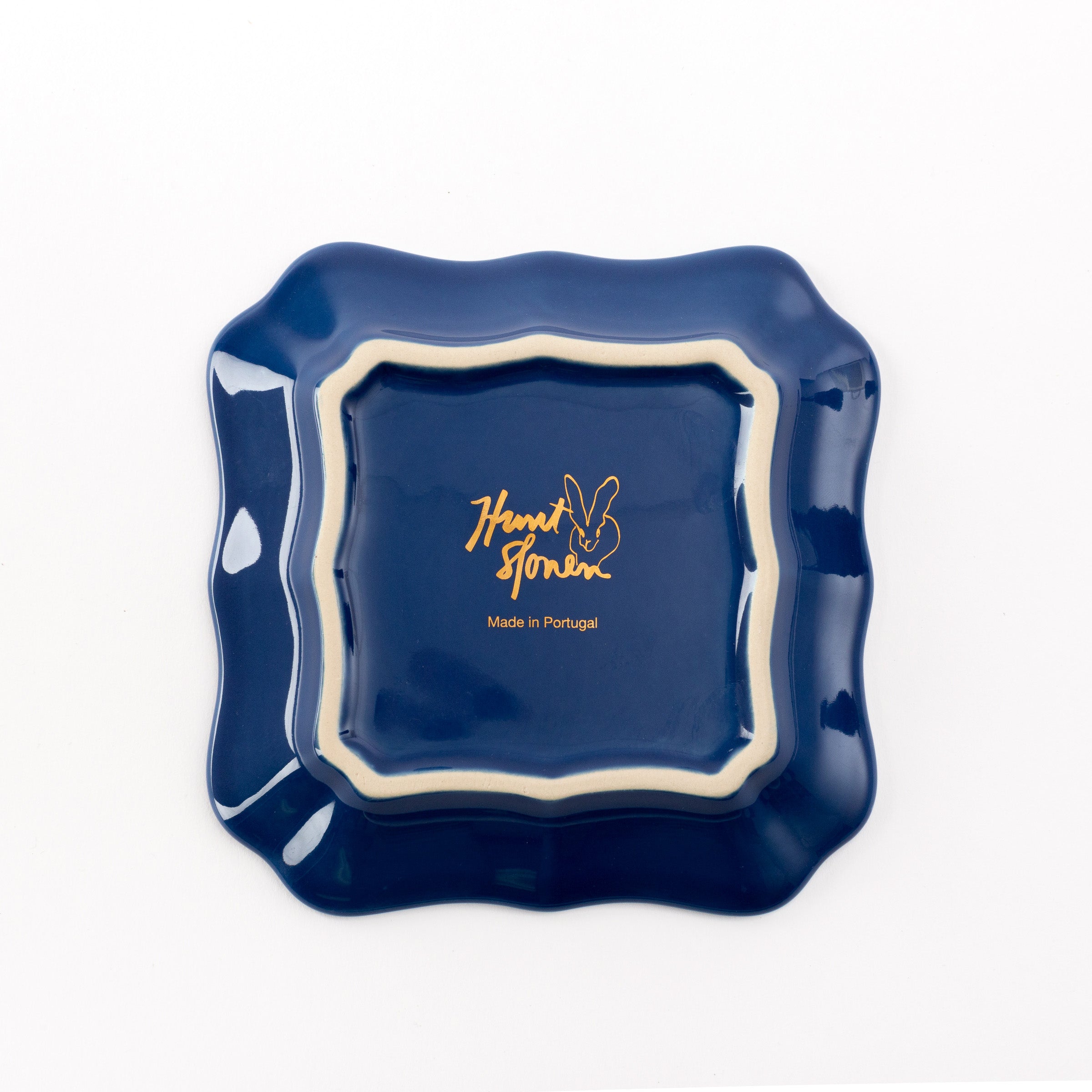 Bunny Portrait Plate with Hand-Painted Gold Rim, Blue