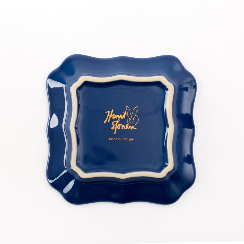 Bunny Portrait Plate with Hand-Painted Gold Rim, Blue