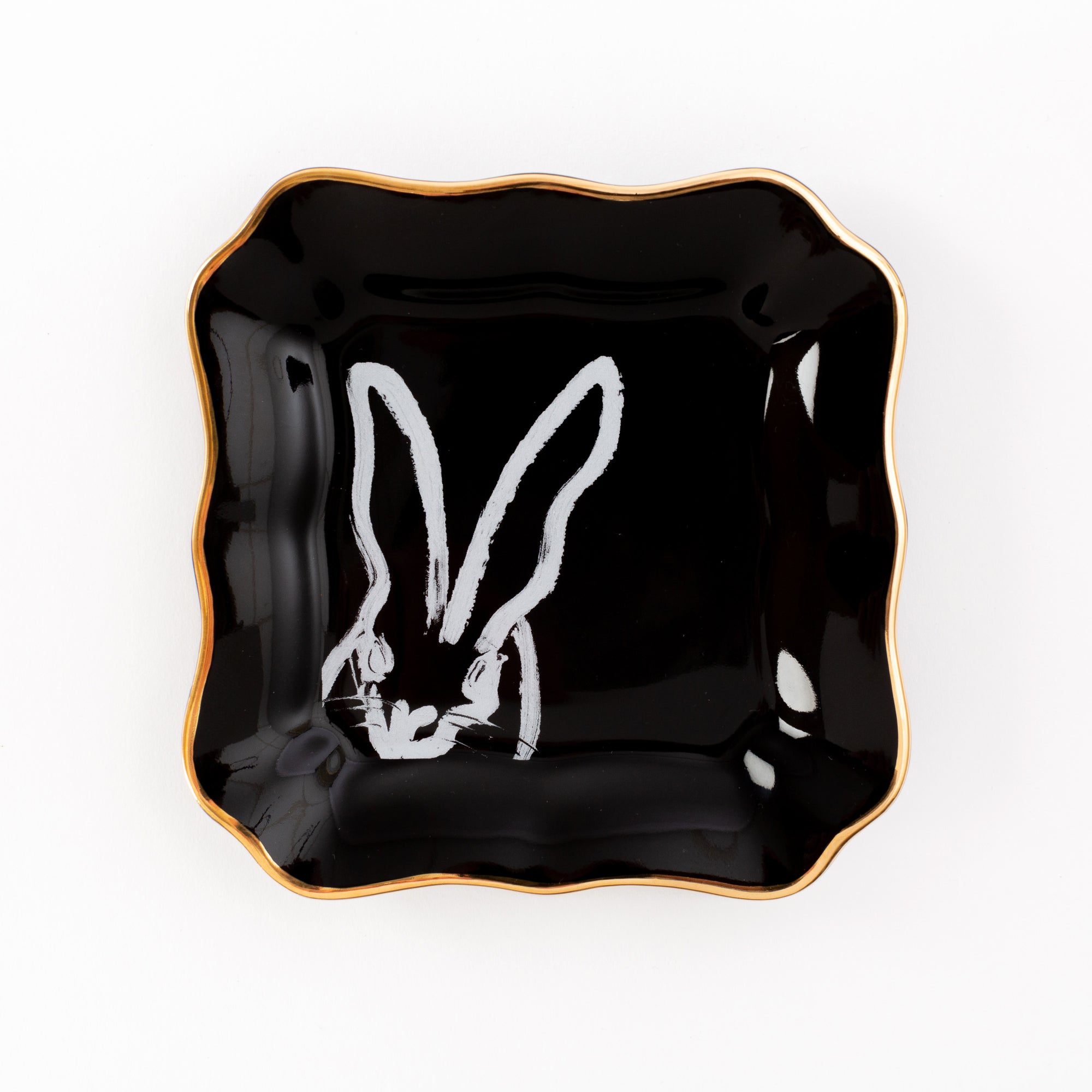 Set of 2 Bunny Portrait Plates - Black with Hand-Painted Gold Rim