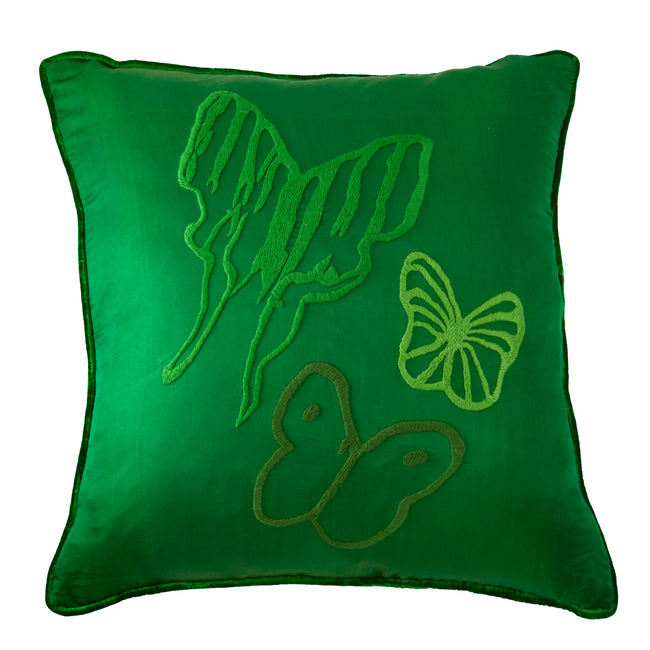 Hand-Embroidered Silk & Velvet Butterfly Pillow Fern Green, 22 x 22