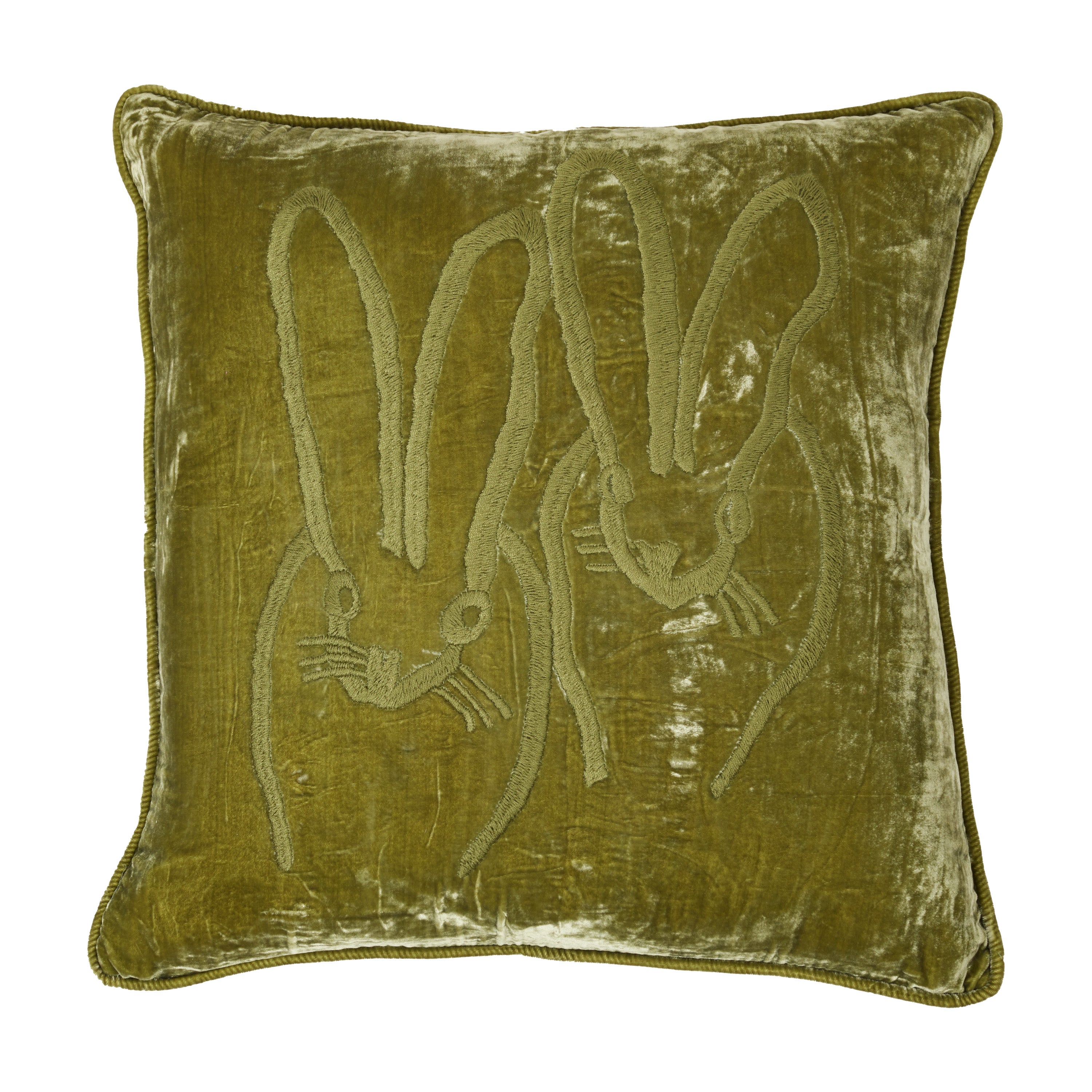 Hand-Embroidered Velvet Bunny Pillow, 20 x 20 Olive Green