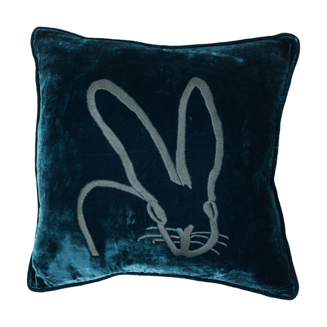 Hand-Embroidered Velvet Bunny Pillow, Peacock Green, 18 x 18