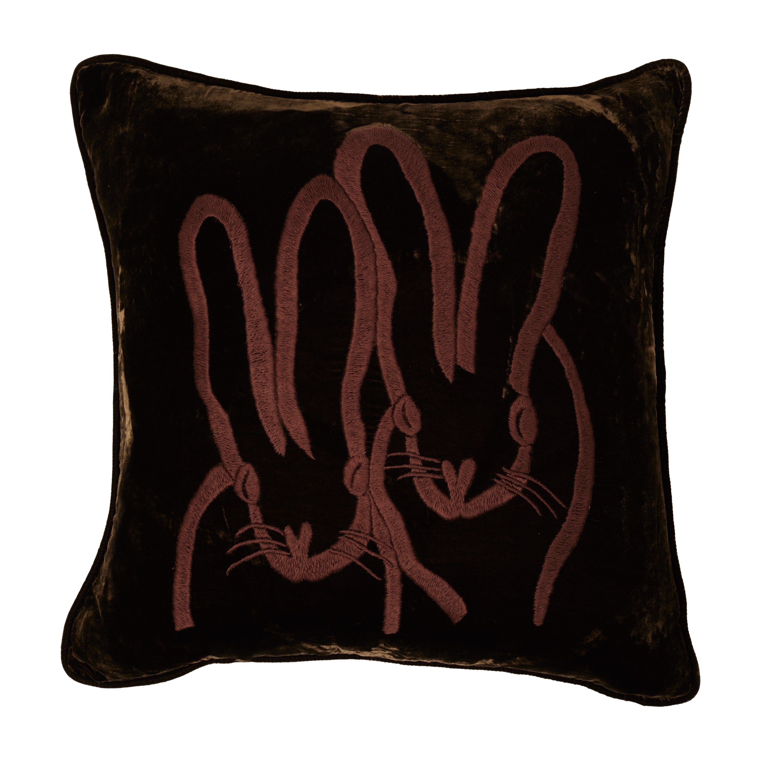 Hand-Embroidered Velvet Bunny Pillow, Chocolate Brown, 20 x 20