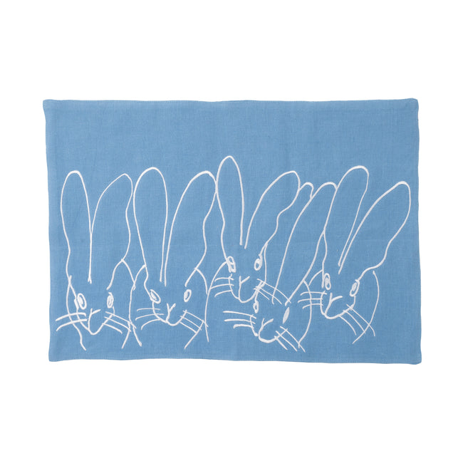 Band of Bunnies Embroidered Linen Placemat, Set of 2, French Blue