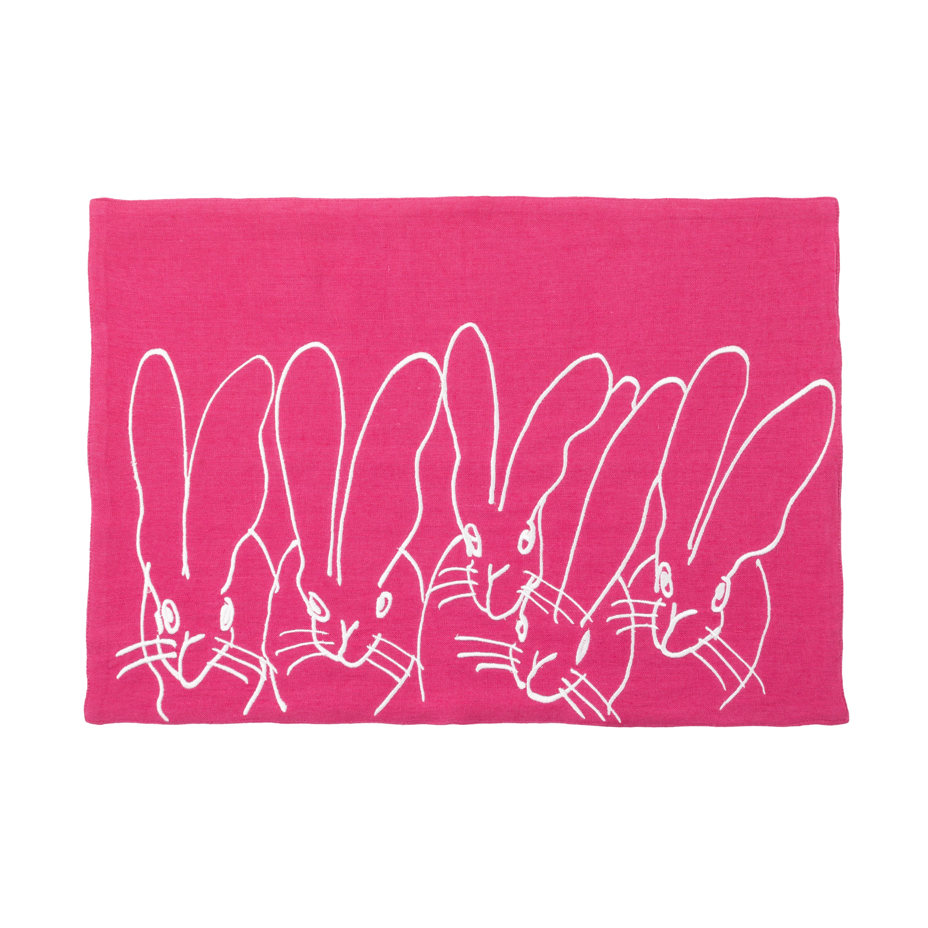 Band of Bunnies Embroidered Linen Placemat, Set of 2, Pink Peacock