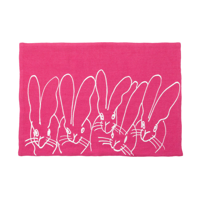 Band of Bunnies Embroidered Linen Placemat, Set of 2, Pink Peacock