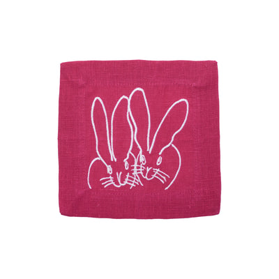 Duet Bunny Embroidered Linen Cocktail Napkins, Pink, Set of 6