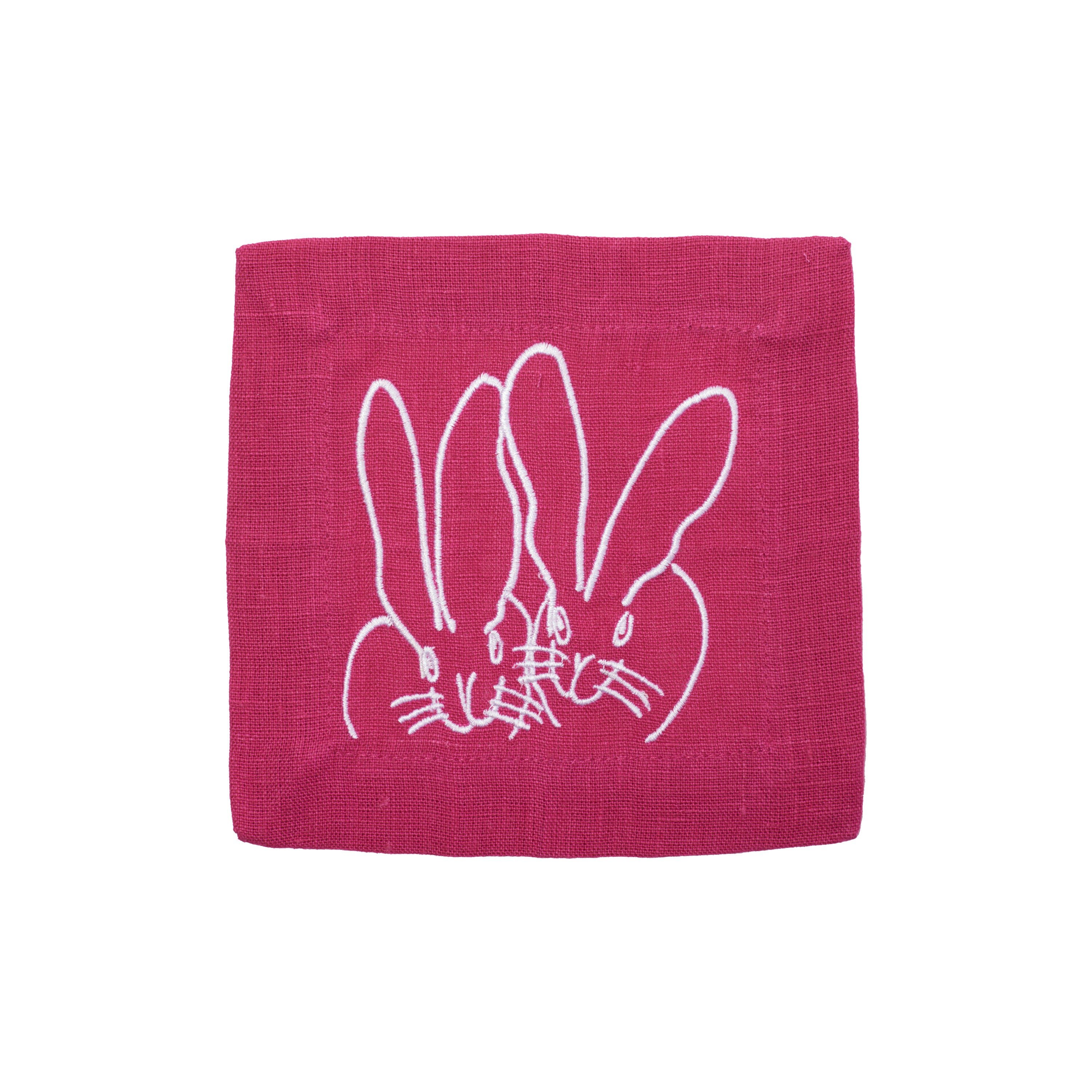 Duet Bunny Embroidered Linen Cocktail Napkins, Blue, Set of 6