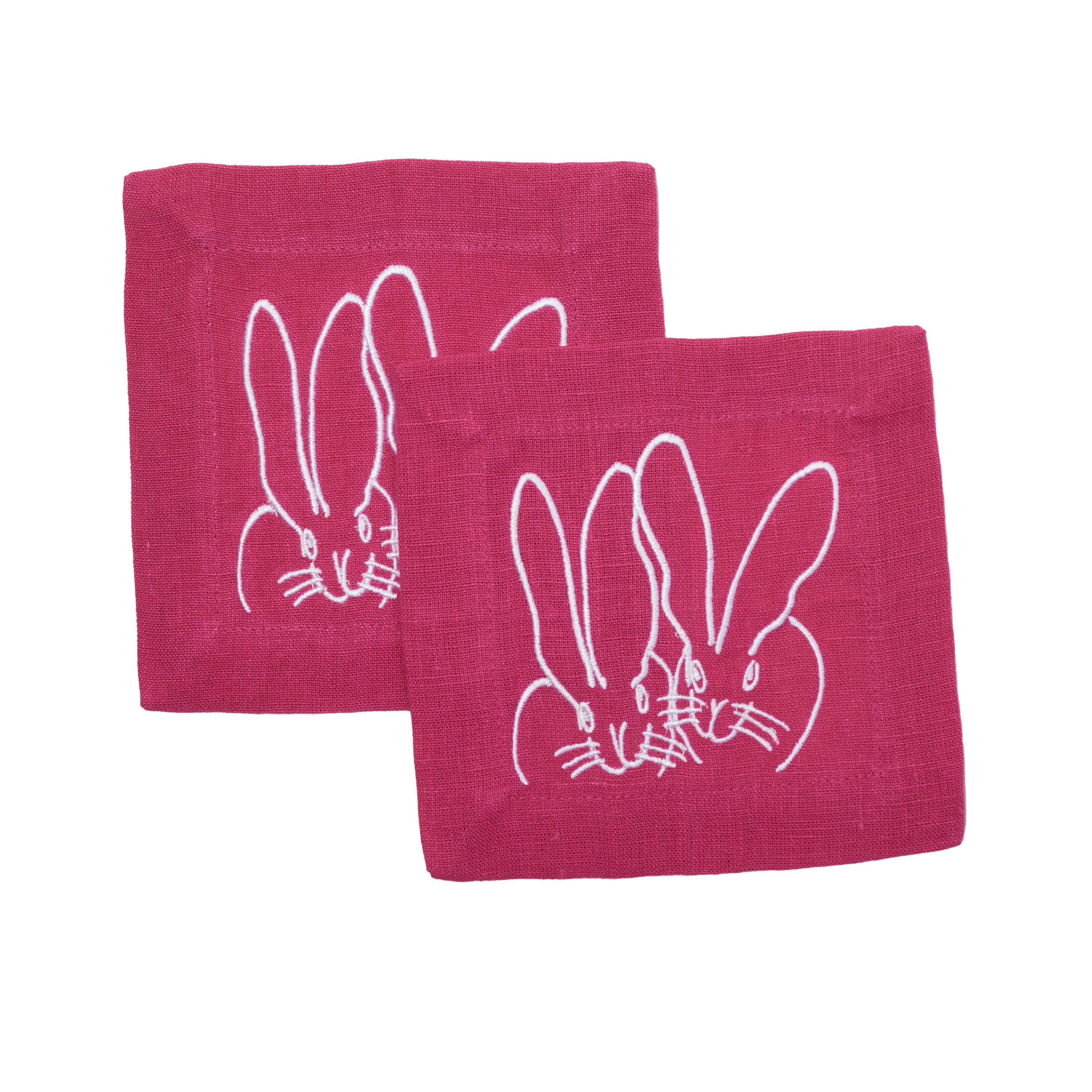 Duet Bunny Embroidered Linen Cocktail Napkins, Pink, Set of 6