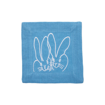 Duet Bunny Embroidered Linen Cocktail Napkins, Blue, Set of 6