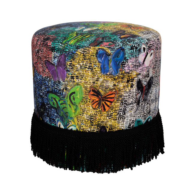 Custom Cylinder Ottoman in Butterflies and Guardians
