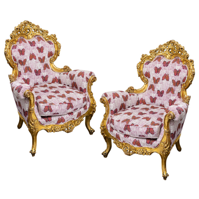 Pair of Antique 19th Century Gold Leaf Louis XV Style Bergere Chairs