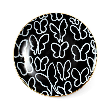 Butterflies Dinner Plate with Hand-Painted Gold Rim, Black