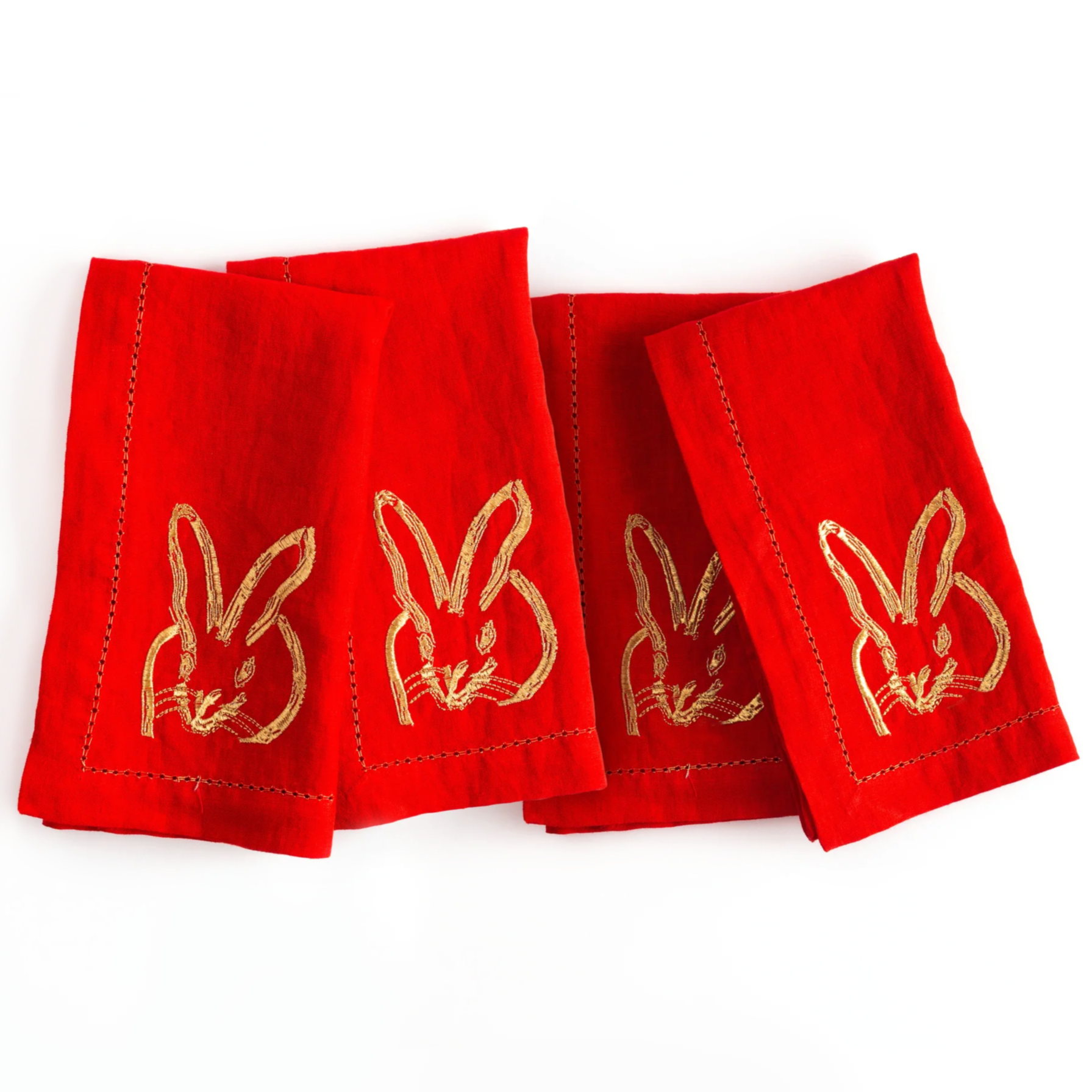 Painted Bunny Embroidered Linen Dinner Napkin, Red with Gold, Set of 2