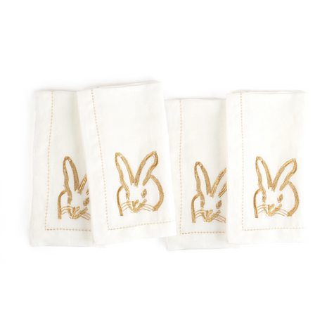 Painted Bunny Embroidered Linen Dinner Napkin, White with Gold, Set of 2