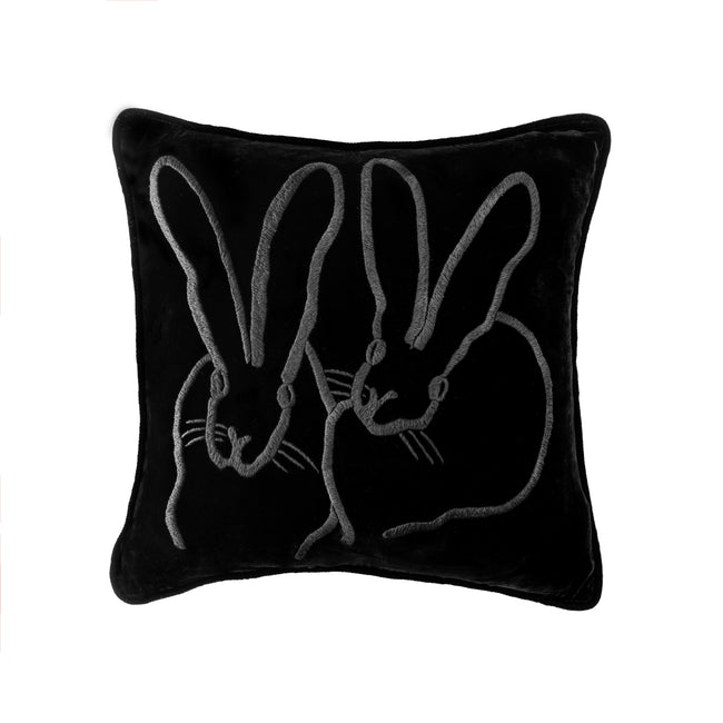 Hand-Embroidered Velvet Bunny Pillow, Black, 20 x 20