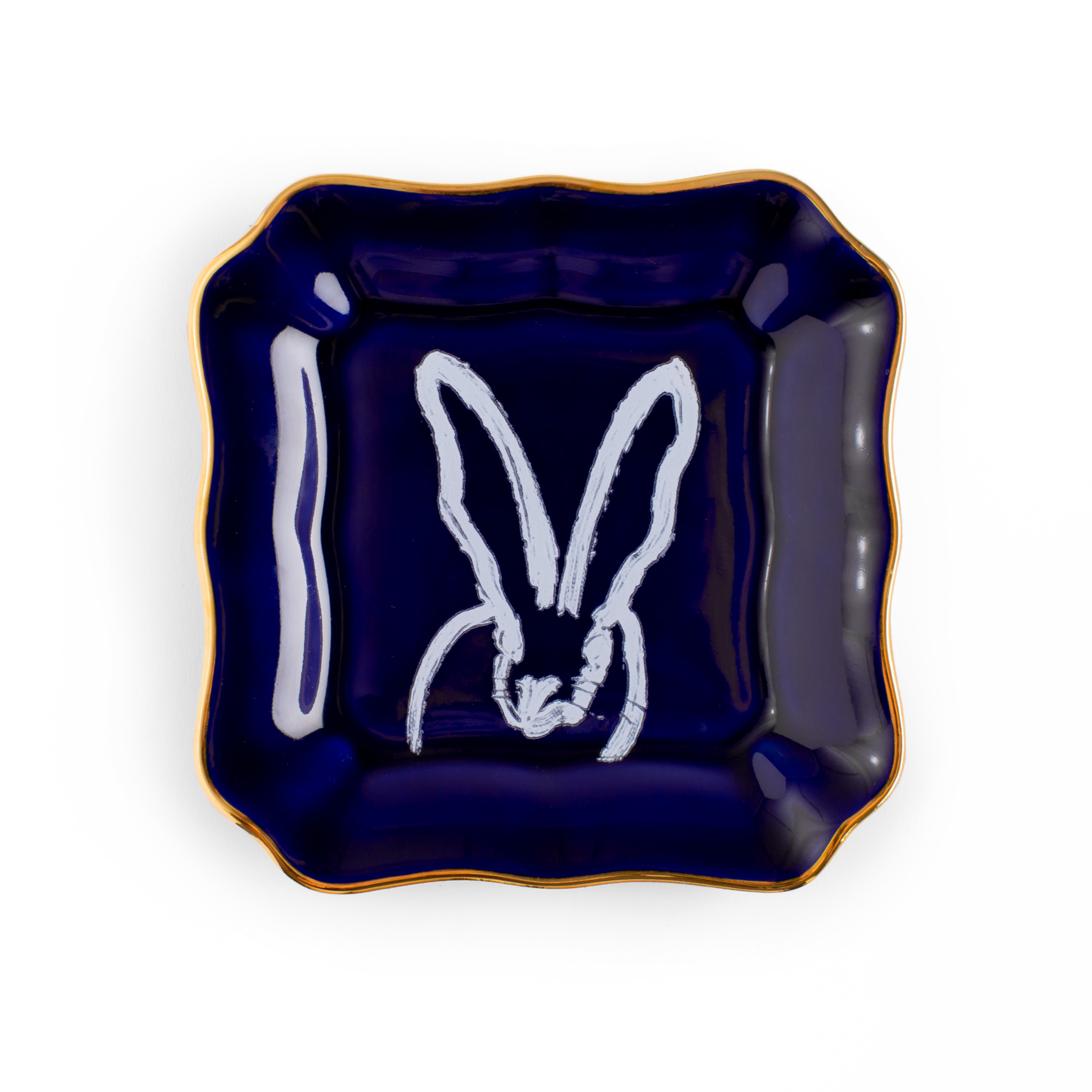 Bunny Portrait Plate with Hand-Painted Gold Rim, Cobalt