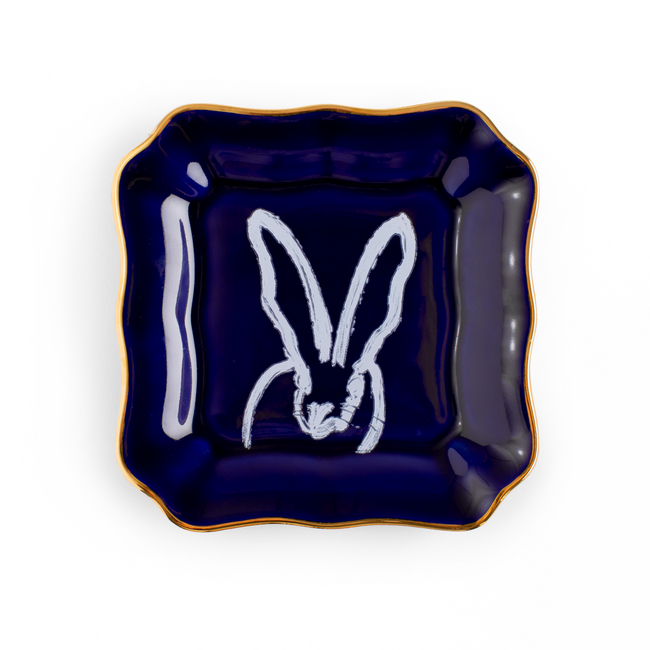 Bunny Portrait Plates, Cobalt with Hand-Painted Gold Rim, Set of 2