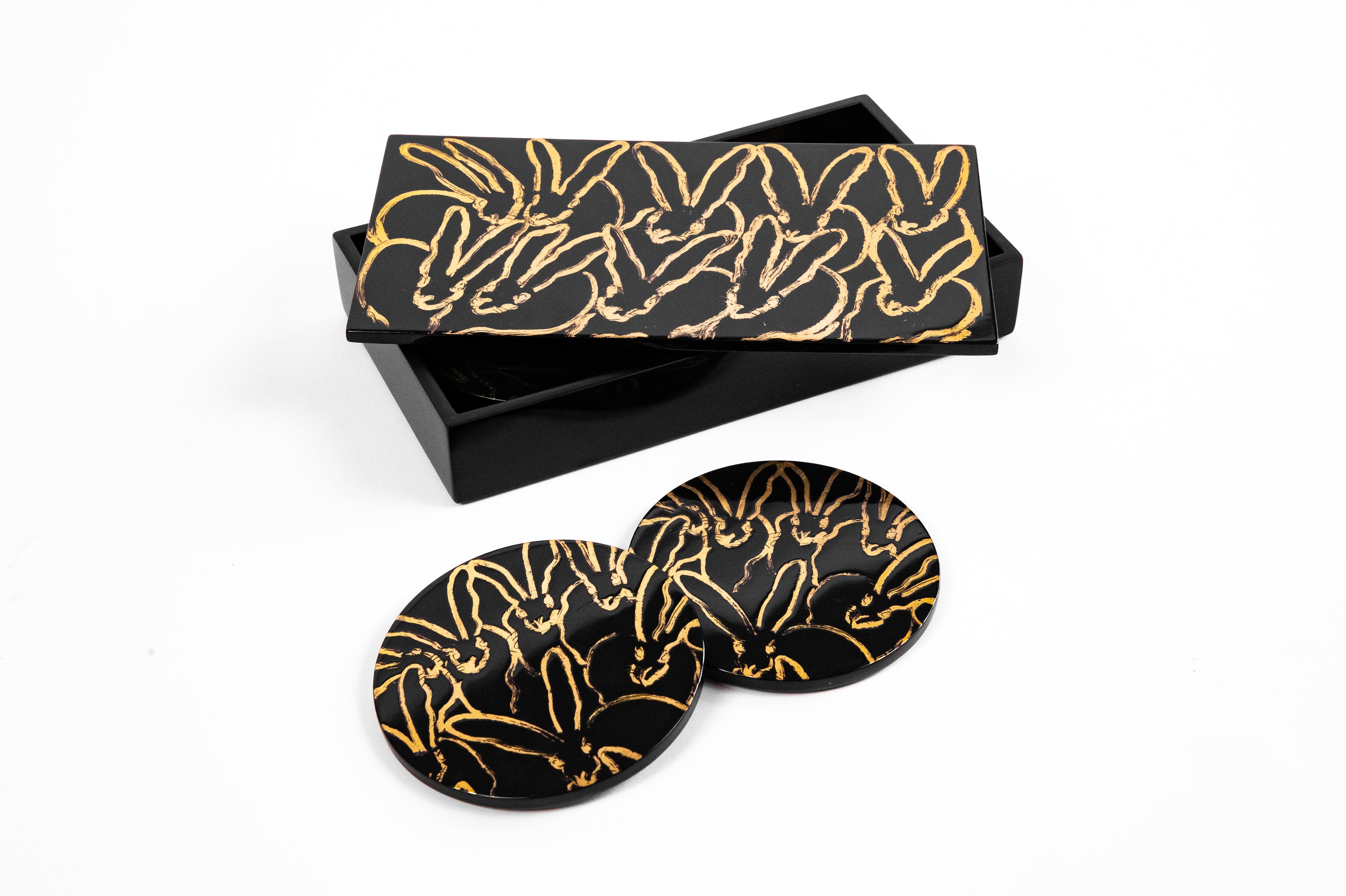 Rabbit Run Coaster Box Set with 6 Coasters, Black with Gold Leaf