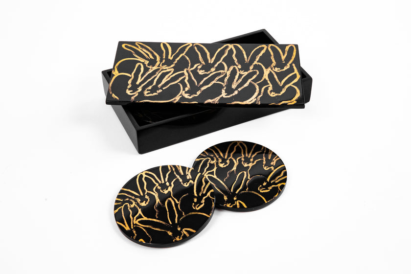 Rabbit Run Coaster Box Set with 6 Coasters, Black with Gold Leaf