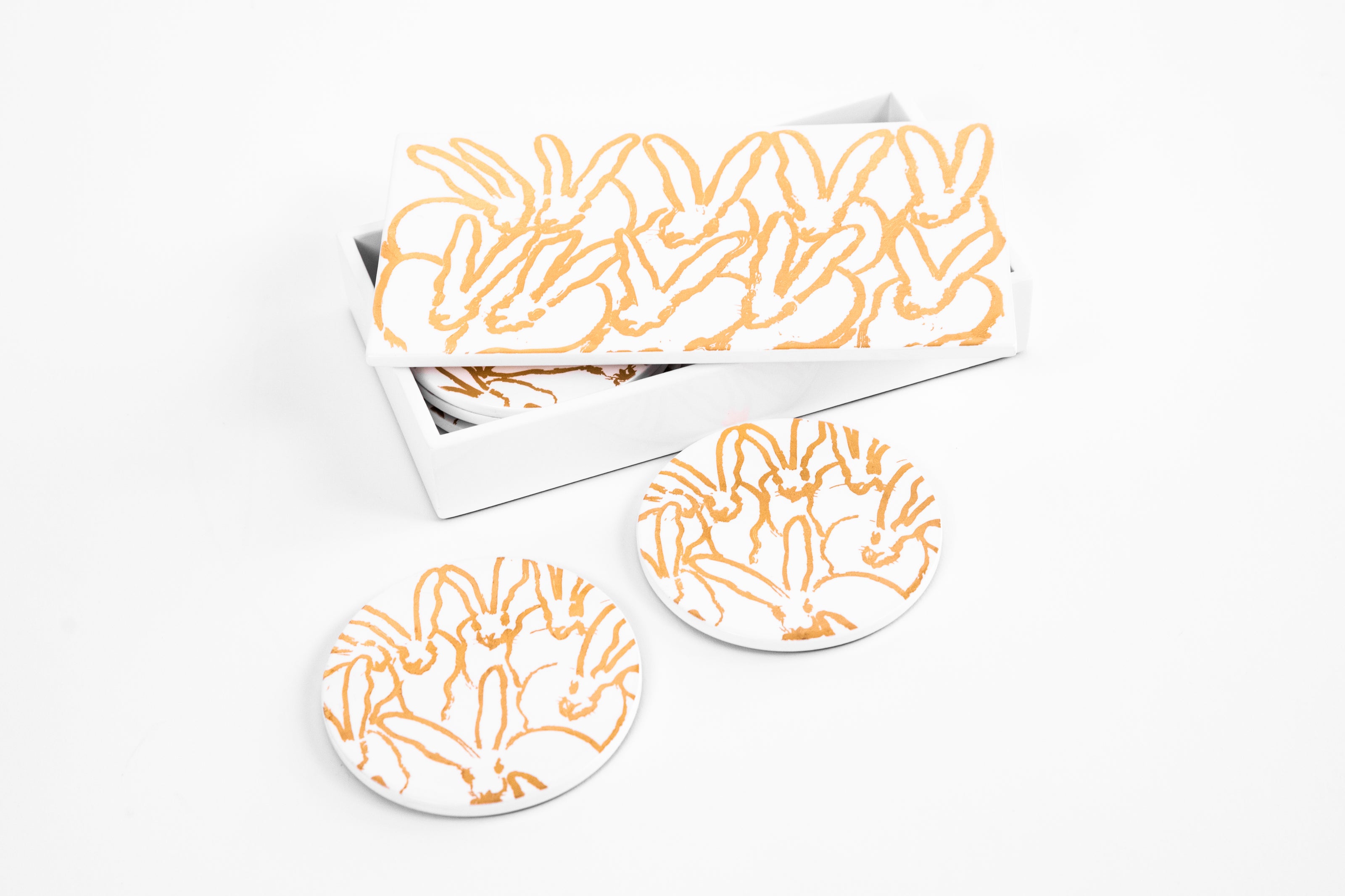Rabbit Run Coaster Box Set with 6 Coasters, Black with Gold Leaf