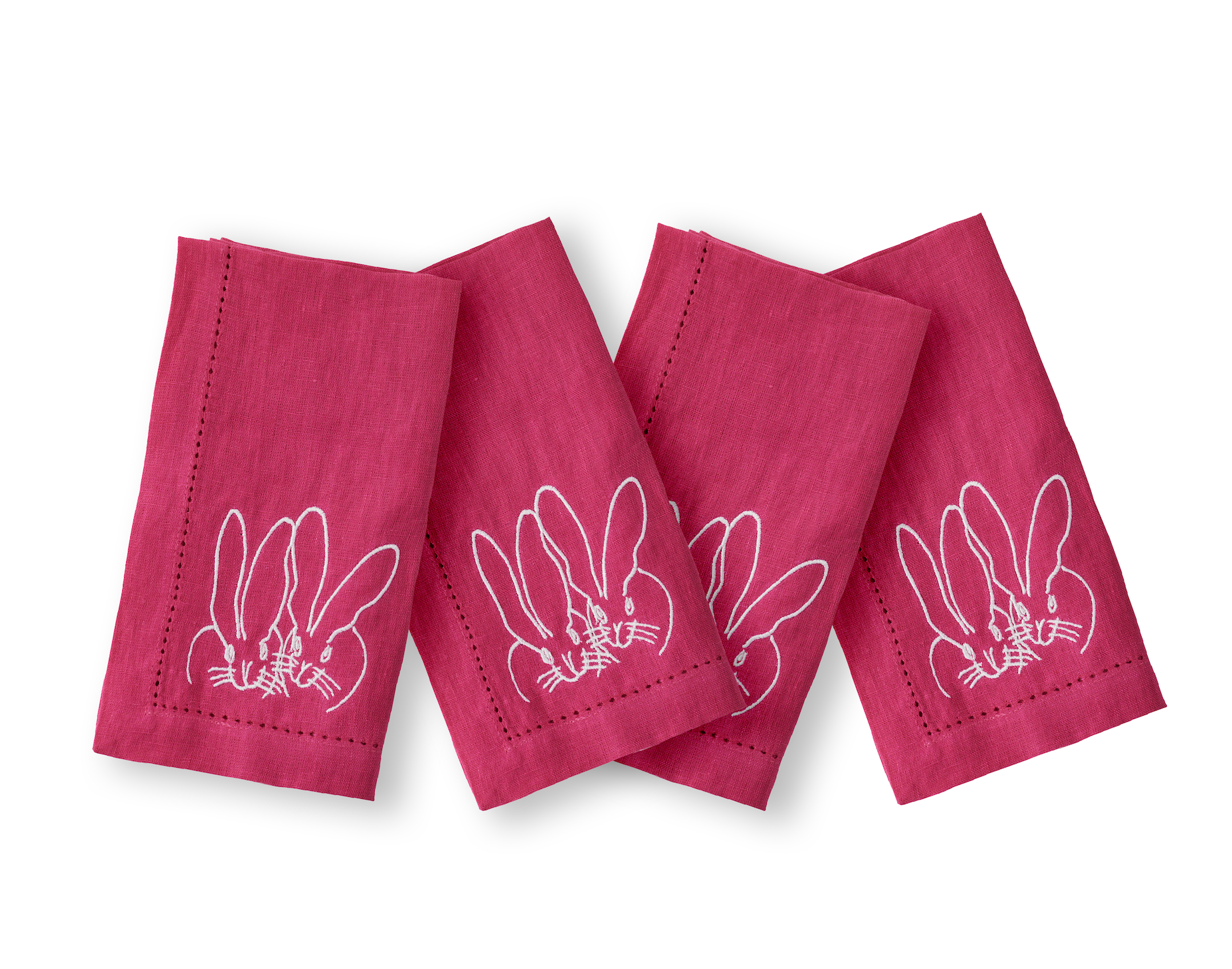 Duet Bunnies Embroidered Linen Dinner Napkin, Pink, Set of 2