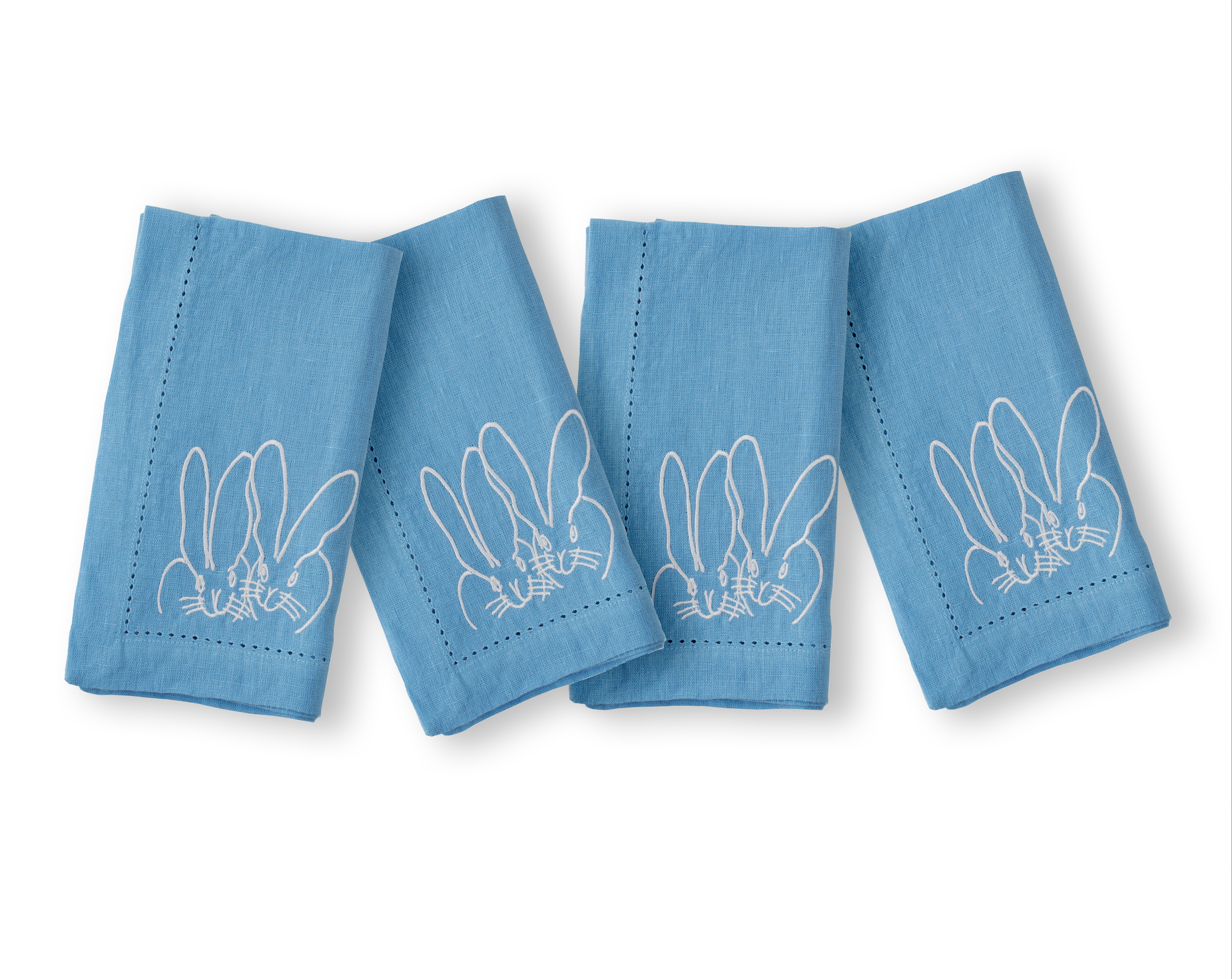 Duet Bunnies Embroidered Linen Dinner Napkin, Blue, Set of 2