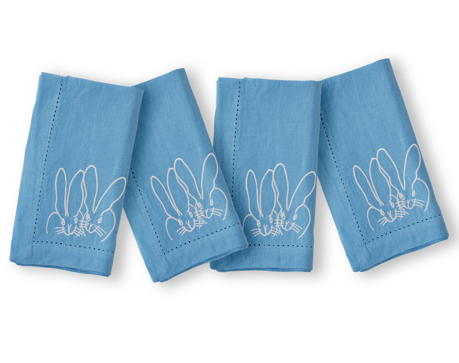 Duet Bunnies Embroidered Linen Dinner Napkin, Blue, Set of 2