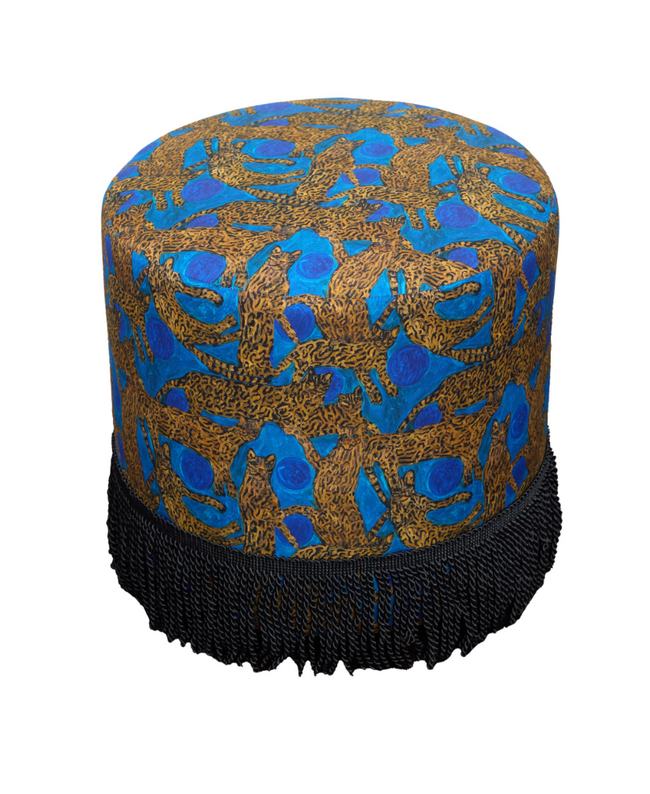 Custom Cylinder Ottoman in Ocelots and Blue Pearls