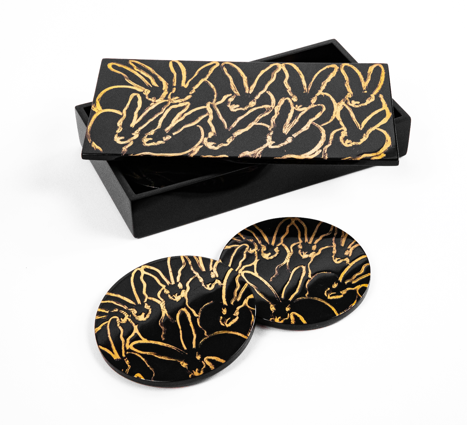 Rabbit Run Coaster Box Set with 6 Coasters, Black with Gold Leaf