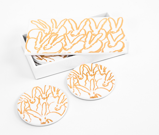 Rabbit Run Coaster Box Set with 6 Coasters, White with Gold Leaf