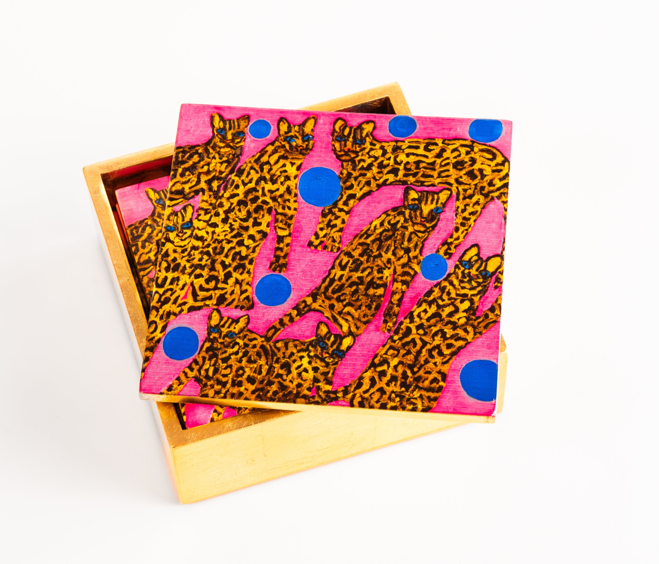 Pretty in Pink Ocelots Gold Leaf Coaster Box