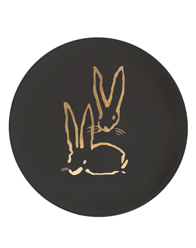 Royal Rabbit Round Tray with Gold Leaf Rabbits, Black