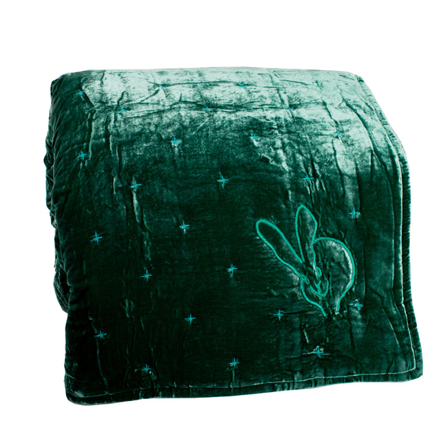 Hand-Embroidered Silk & Velvet Bunny Blanket, Aquamarine