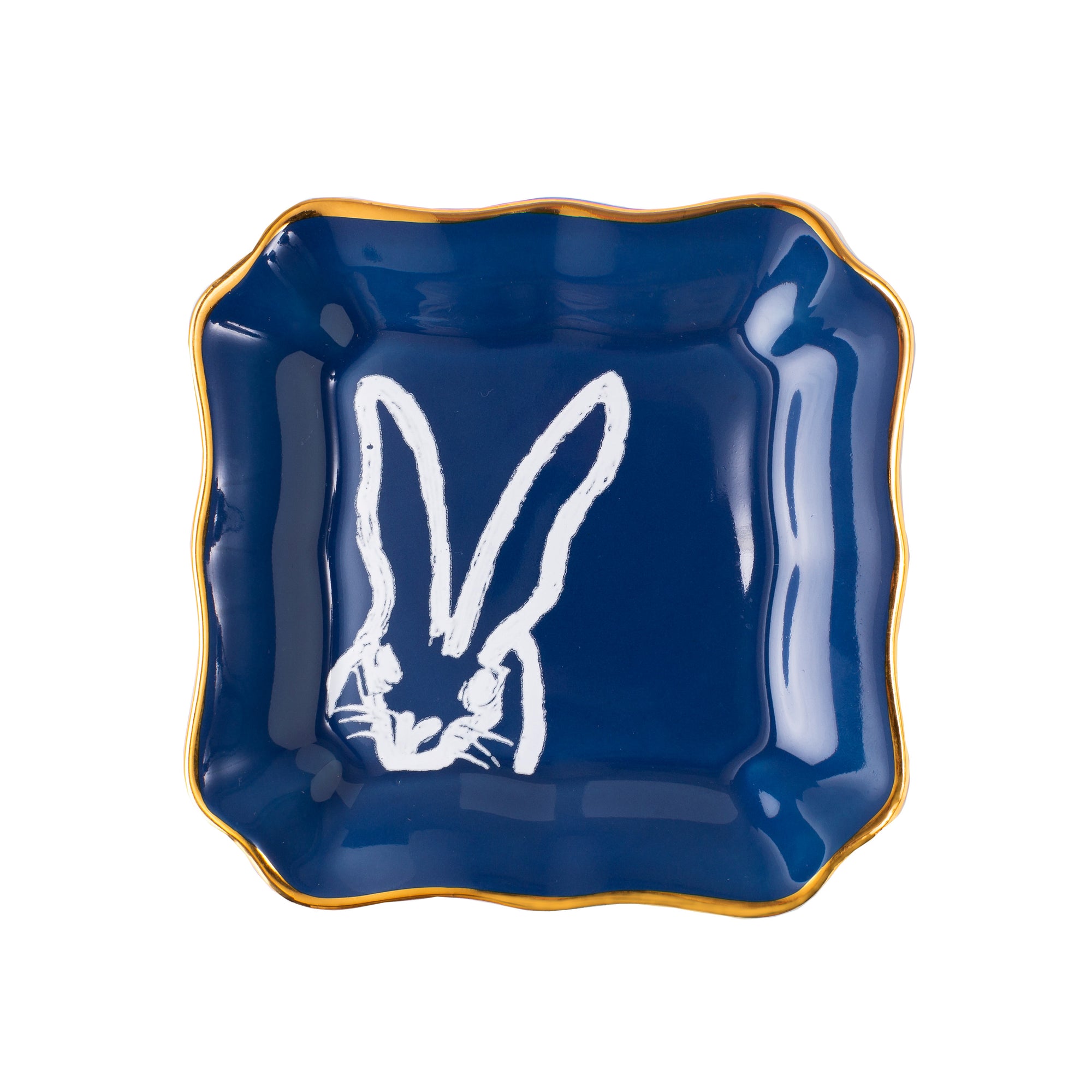 Set of 2 Bunny Portrait Plate - Blue with Hand-Painted Gold Rim
