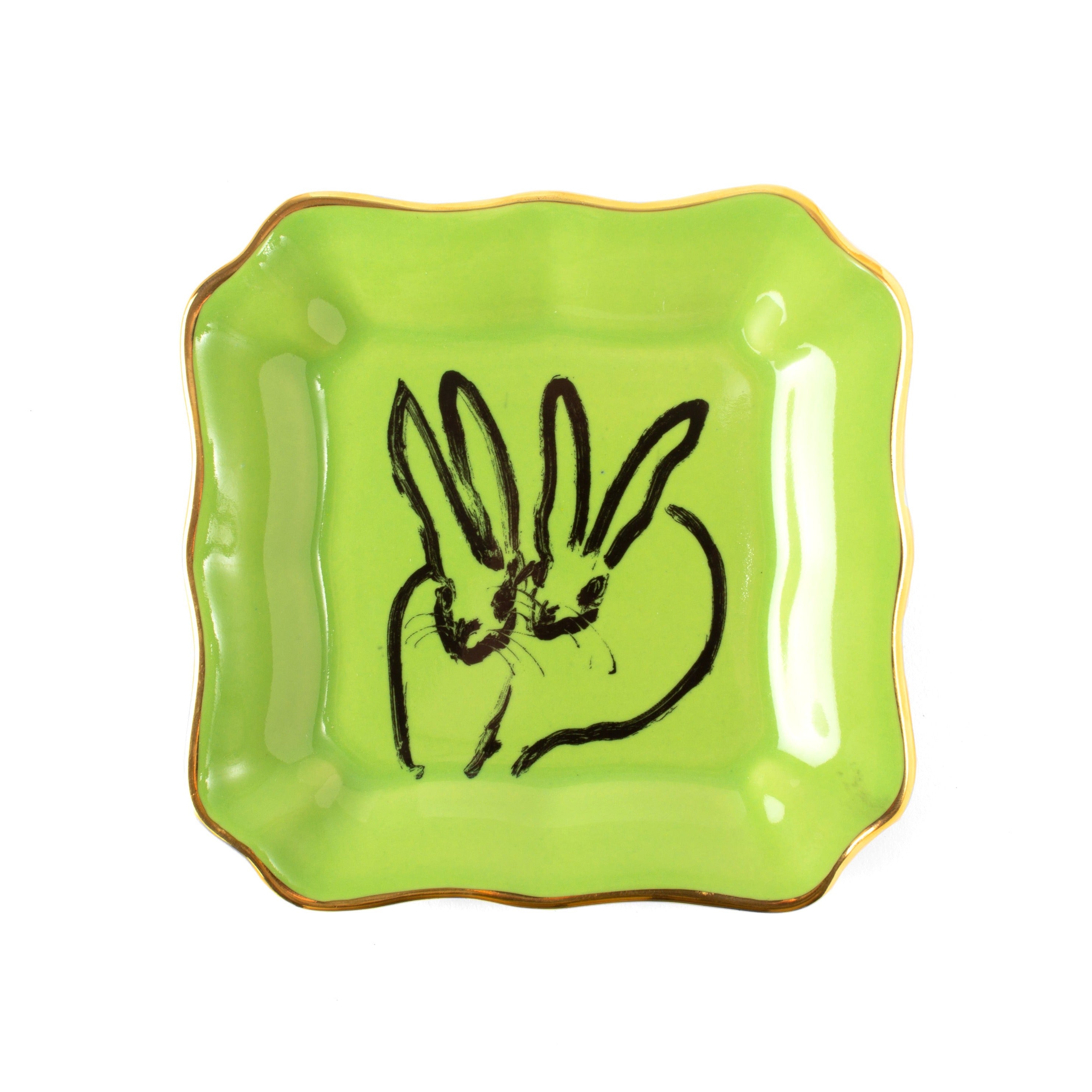 Bunny Portrait Plate with Hand-Painted Gold Rim, Lime