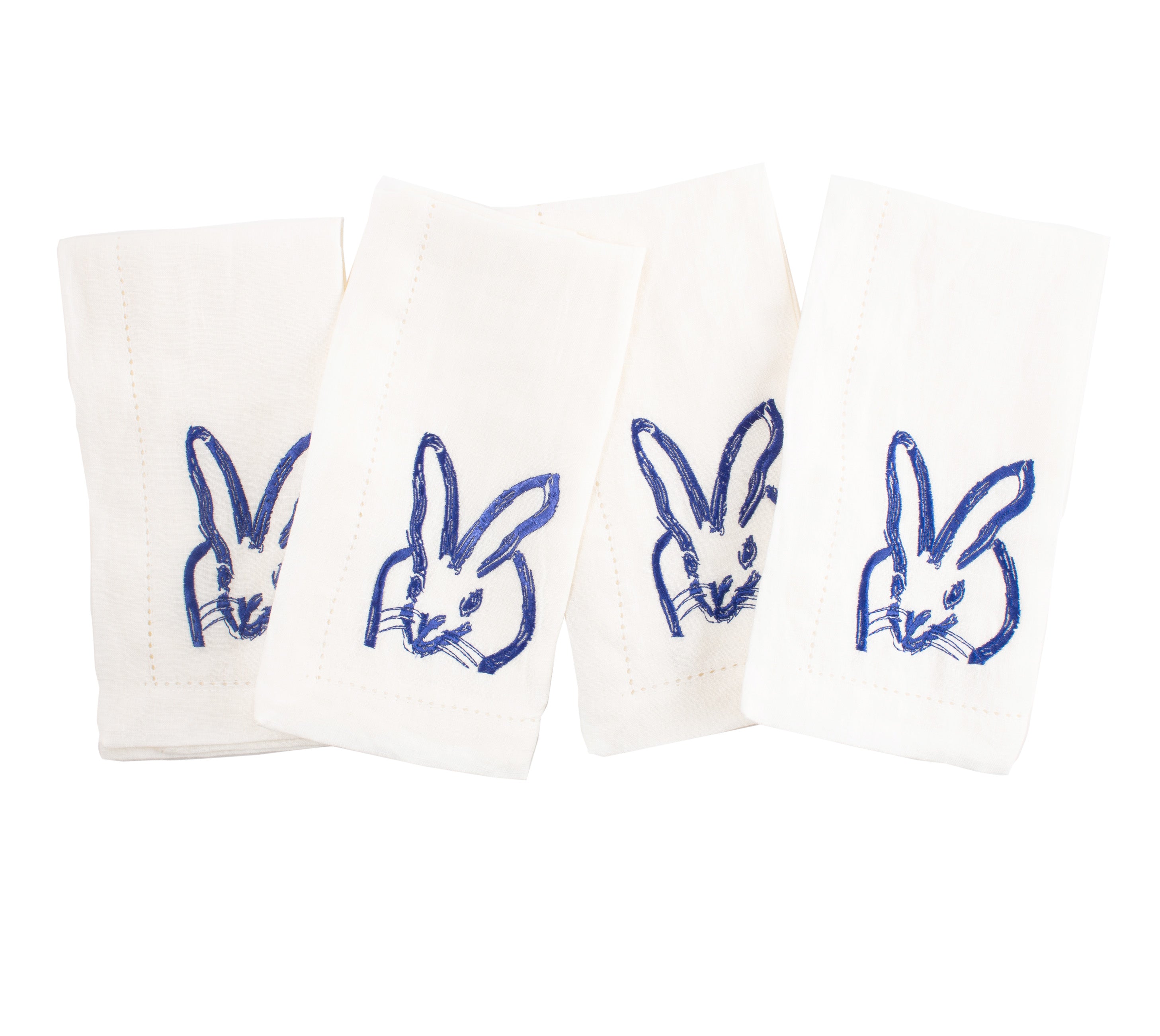 Painted Bunny Embroidered Linen Dinner Napkin, White with Cobalt, Set of 2