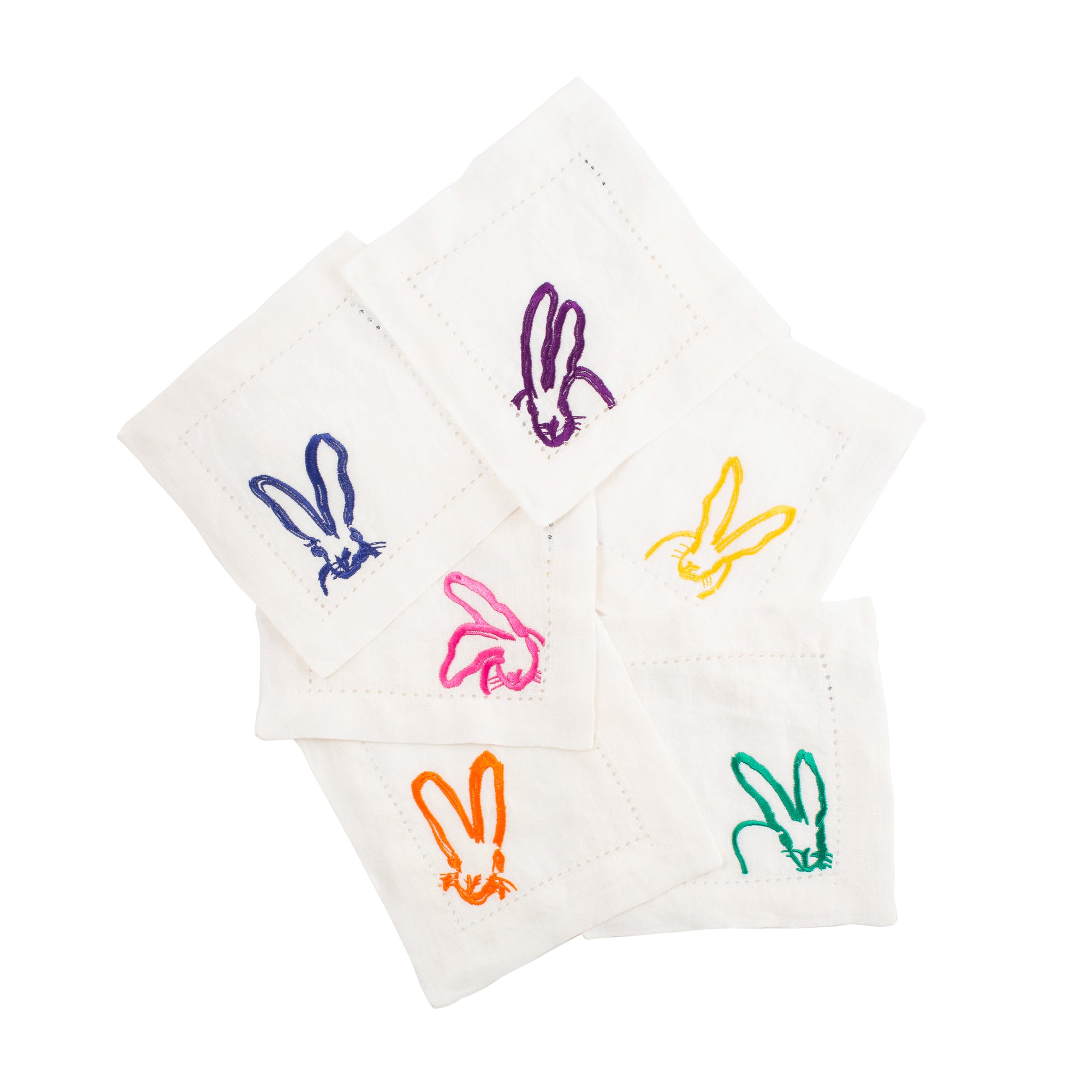 Rainbow Rabbits Embroidered Linen Cocktail Napkins, Set of 6
