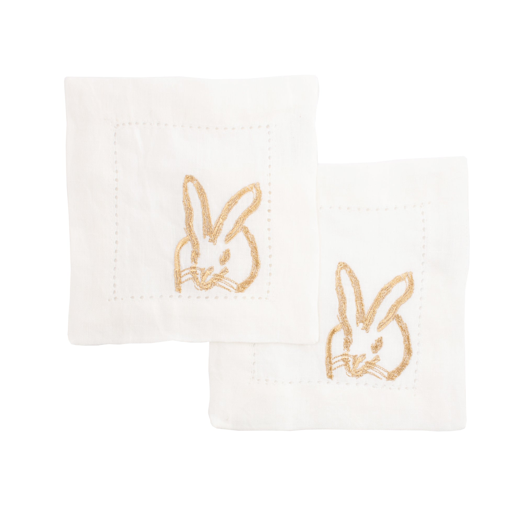 Gold Bunny Embroidered Linen Cocktail Napkins in White, Set of 6