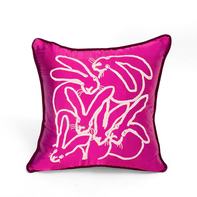 Hand Embroidered Silk & Velvet Bunny Pillow, Magenta, 22 x 22