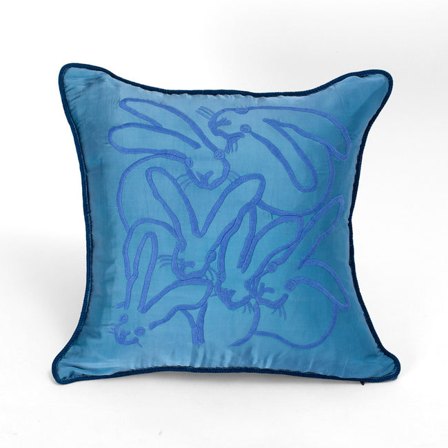 Hand Embroidered Silk & Velvet Bunny Pillow, French Blue, 22 x 22