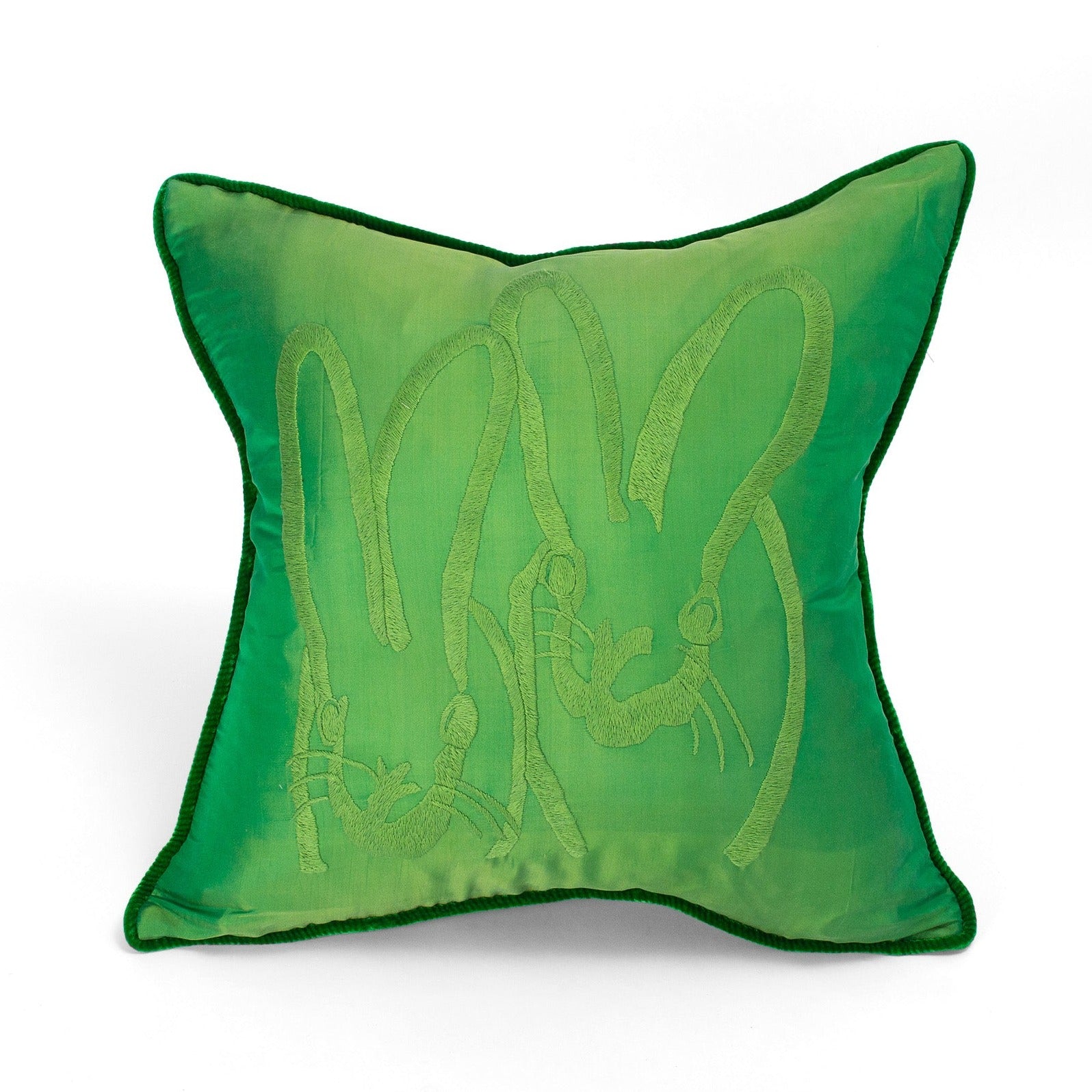 Hand-Embroidered Silk & Velvet Bunny Pillow, Fern, 18 x 18 – Hunt Slonem