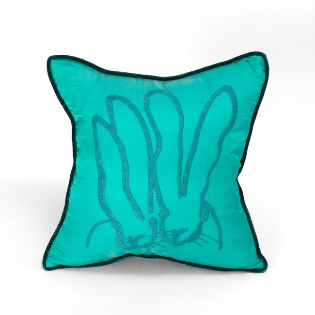 Hand-Embroidered Silk & Velvet Bunny Pillow, Aquamarine, 18 x 18