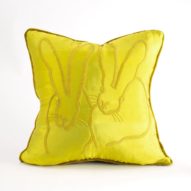 Hand Embroidered Silk & Velvet Bunny Pillow - Chartreuse, 20 x 20